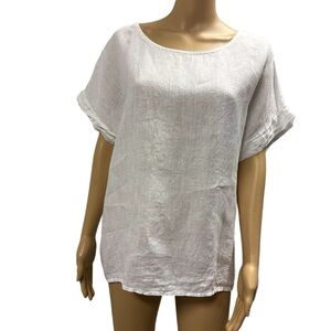 Linen Terzo Millenio White Made in Italy Short Sleeve Crochet Back Blouse Top L